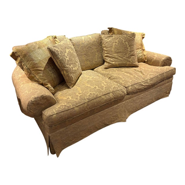 Ej Victor Ultra-Premium Classic Sofa With Silk Damask Gold Upholstery in Like-New Condition For Sale