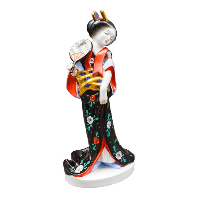 Mid 20th Century Herend Hungary Large Geisha Girl #5660 Black Kimono Porcelain Figurine For Sale