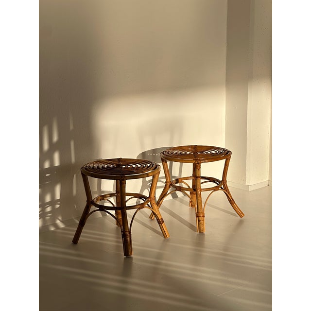 Wood Vintage Rattan Stools, 1970s, Set of 2 For Sale - Image 7 of 10