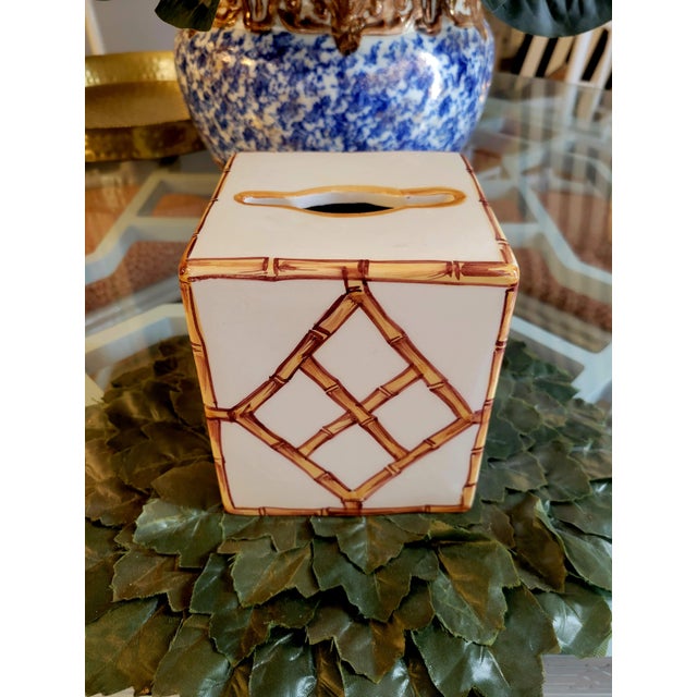 Ceramic Italian Faux Bamboo Palm Beach Regency Style Ceramic White Brown Tissue Box Holder Cover For Sale - Image 7 of 9
