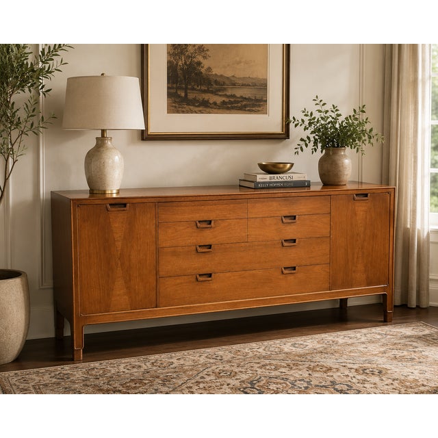 Refined mid-century modern credenza from the Janus Collection by John Stuart, showcasing exceptional craftsmanship and a...