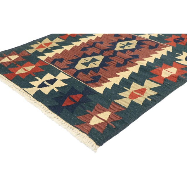 Vintage Persian Shiraz Kilim Rug with Tribal Style 03'01 x 03'07. Full of tiny details and a bold expressive design...