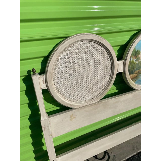 French 1960s Custom Cane and Wood Circle French Headboard With Hand Painted Florida Scene in Beanie Backus Style For Sale - Image 3 of 4