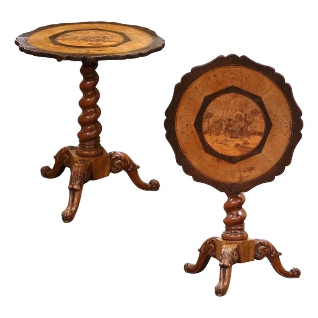 19th Century Swiss Black Forest Carved Walnut Tilt-Top Table With Village Scene For Sale