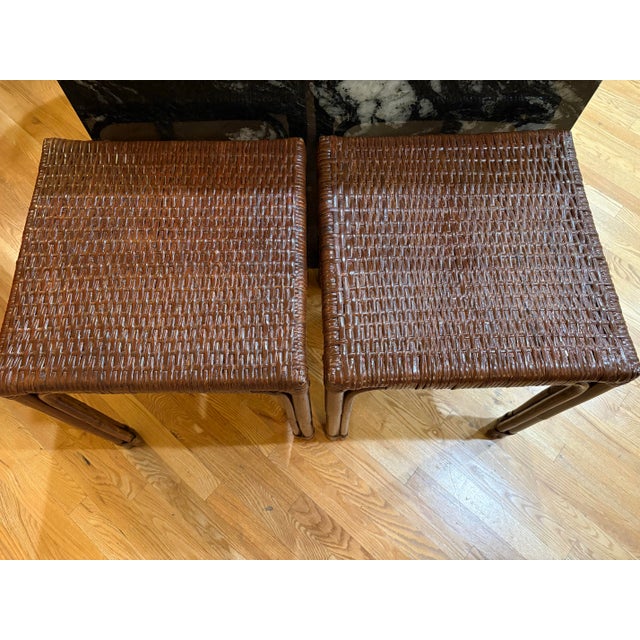 Mid-Century Modern Vintage Mahogany Color Wicker End Tables, a Pair For Sale - Image 3 of 4