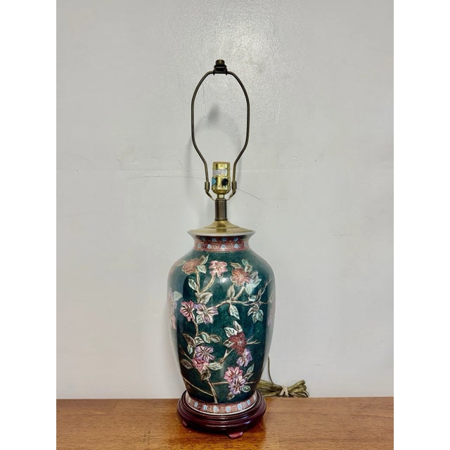 Vintage Asian Floral Cloisonne Style Ceramic Ginger Jar Table Lamp Hand Painted For Sale - Image 4 of 15