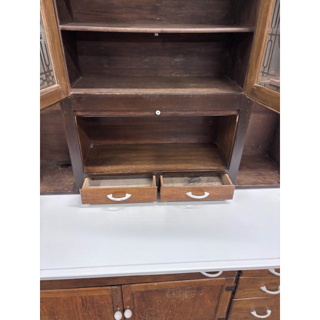 Antique Hoosier Style Farmhouse Cabinet With Glass Doors and Enamel Worktop For Sale In Kansas City - Image 6 of 11