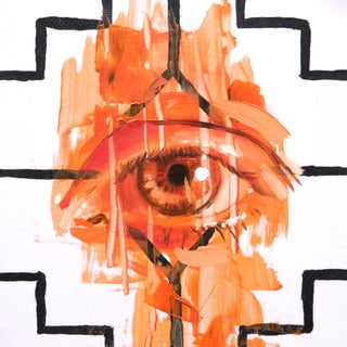 Embers Stare 1 by Stefan Smit | Oil on Panel Eye with orange and black abstract background For Sale
