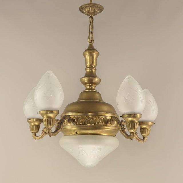 Gold Chandelier in Brass with Cut Glass Shades, Budapest, 1930s For Sale - Image 8 of 12