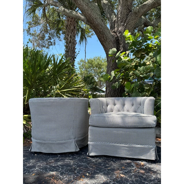 Blue Pair of Vintage Blue & White Houndstooth Tufted Club Chairs For Sale - Image 8 of 8
