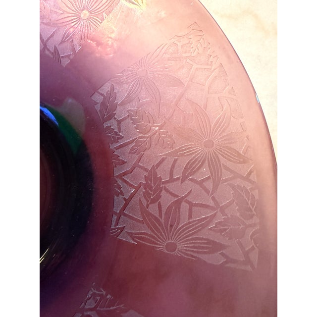 Glass 1930s Amethyst Glass Centerpiece Bowl, Large 14.5" Vintage Purple Console Bowl, Acid Etched Floral Art Deco Lattice For Sale - Image 7 of 14