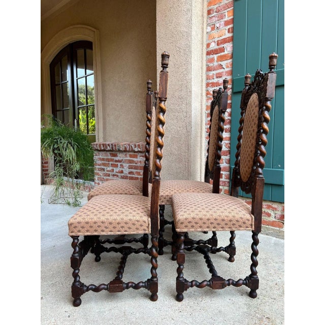 Set 4 Tall Antique French Dining Chairs Barley Twist Renaissance Carved Oak 1890 For Sale - Image 11 of 18