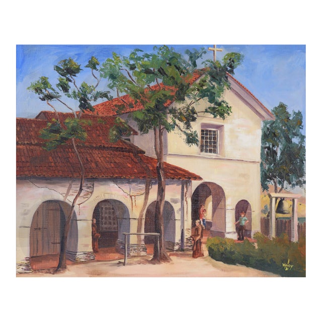 Mission San Juan Bautista, 1971 - Original Oil Painting by Gorman Woody For Sale