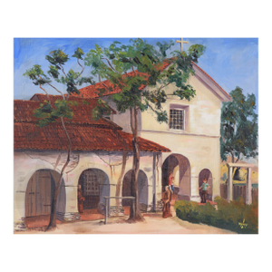 Mission San Juan Bautista, 1971 - Original Oil Painting by Gorman Woody