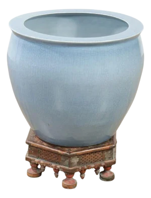 Large Pale Blue Jardinere on Carved Wood Stand