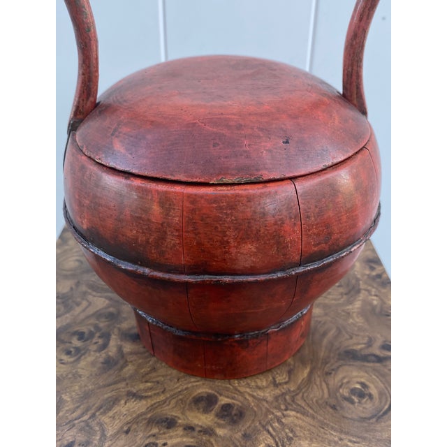 Antique Chinese Red Lacquered Wooden Wedding Basket With Dragonfly Lid Motif For Sale - Image 11 of 13