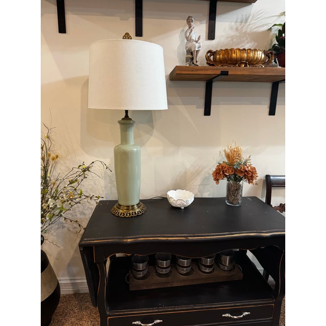 Mid-Century Paul Hanson Celadon Glazed Ceramic Table Lamp - Solid Cast Brass Base For Sale - Image 11 of 12