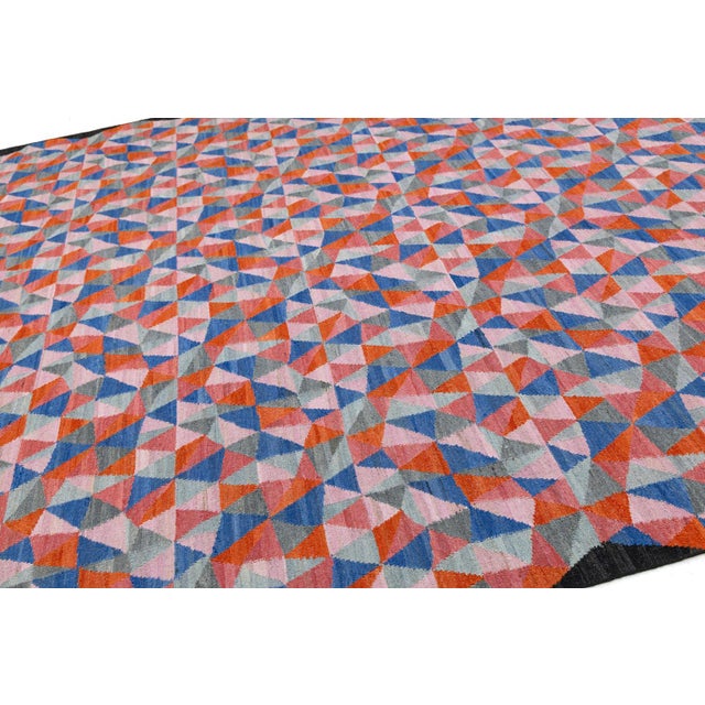 Pink Modern Geometric Wool Kilim Area Rug - Vibrant Multi-Color by Apadana For Sale - Image 8 of 11
