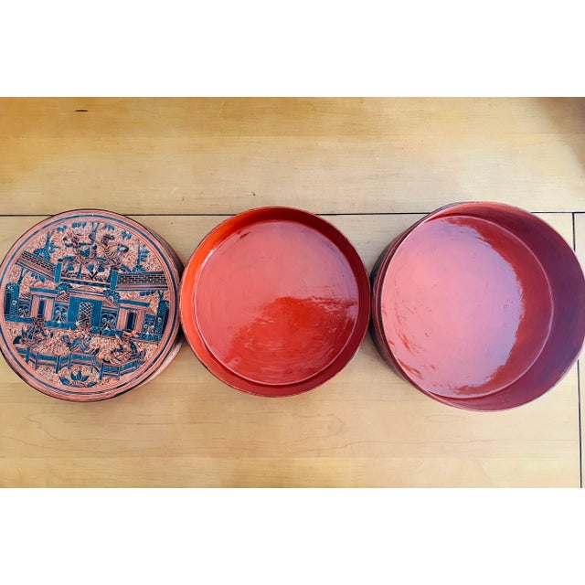 Burnt Orange Vintage Burmese Orange Circular Layered Lacquer Box, C. Early 1900’s For Sale - Image 8 of 11