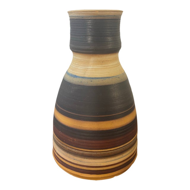 Vintage Studio Pottery Stoneware Vase, Earthtone Striped Signed For Sale