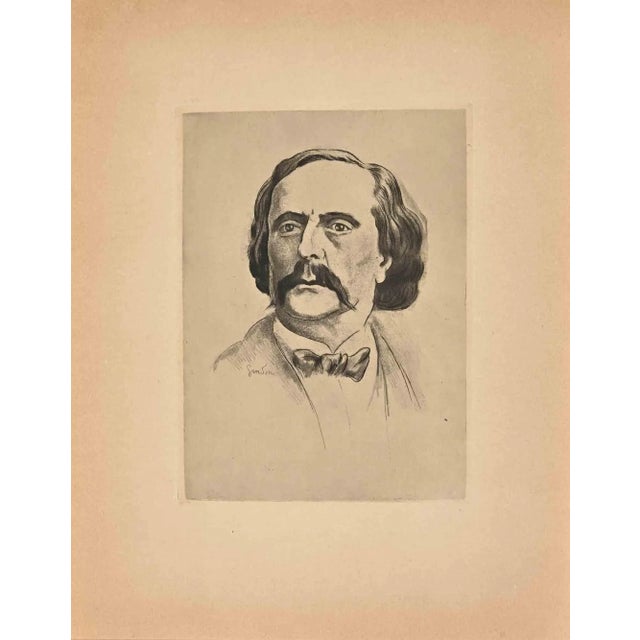 Portrait of Jules Barbey d'Aurevilly is a modern artwork realized by Pierre Gandon. Black and white etching on creamy-...