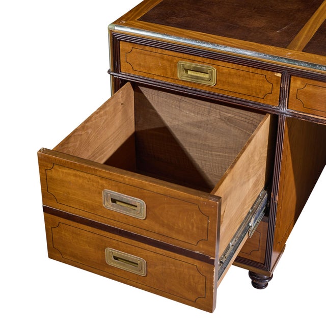 Late 20th Century Baker Furniture Campaign Style Leather Top Partners Desk For Sale - Image 5 of 10