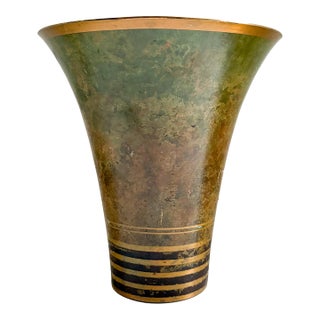 Carl Sorensen 1920's Bronze Trumpet Vase With Verdigris and Brass Detailing For Sale