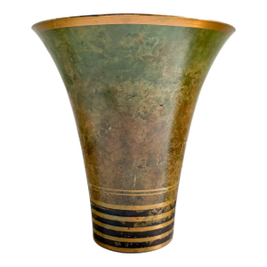 Carl Sorensen 1920's Bronze Trumpet Vase With Verdigris and Brass Detailing
