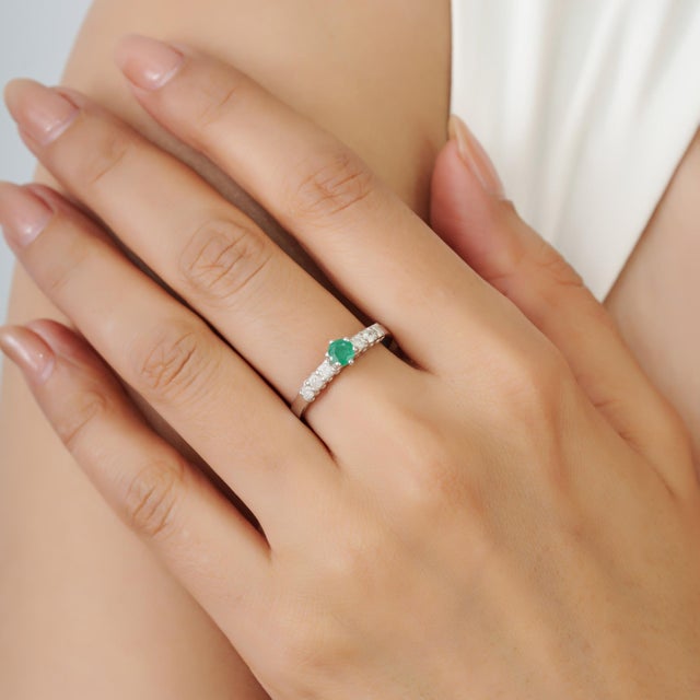 Contemporary 6 Prong Set 0.32 Ct Natural Emerald Ring and Pave Diamonds Size 7 For Sale - Image 4 of 12
