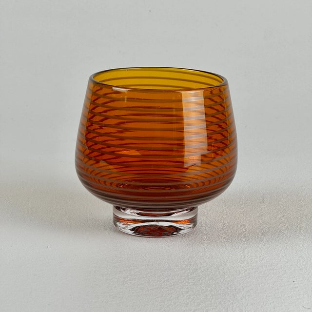 Vintage Signed Hand Blown Small Round Glass Vase in Amber Color With White Swirling Stripe For Sale In New York - Image 6 of 9