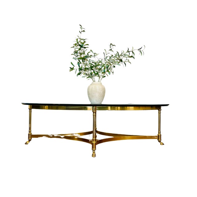 LaBarge Mid-Century Modern Oval Brass & Glass Coffee Table With Hoof Feet For Sale - Image 11 of 11