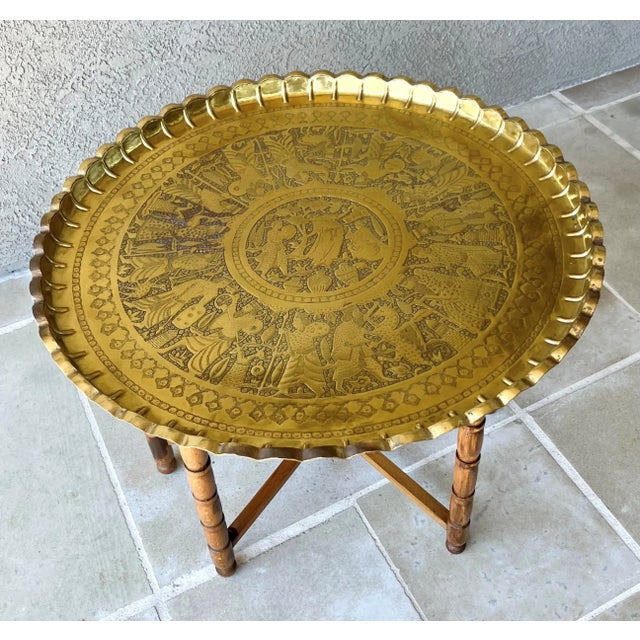 Mid 20th-Century Persian Qajar-Inspired Design Brass Chased & Repoussé Charger Tray Top Accent or Coffee Table For Sale - Image 16 of 17