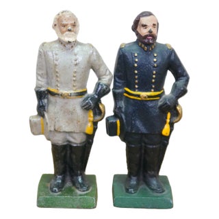 Antique Cast Iron Robert E Lee & Ulysses S Grant Civil War Bookends 8" For Sale
