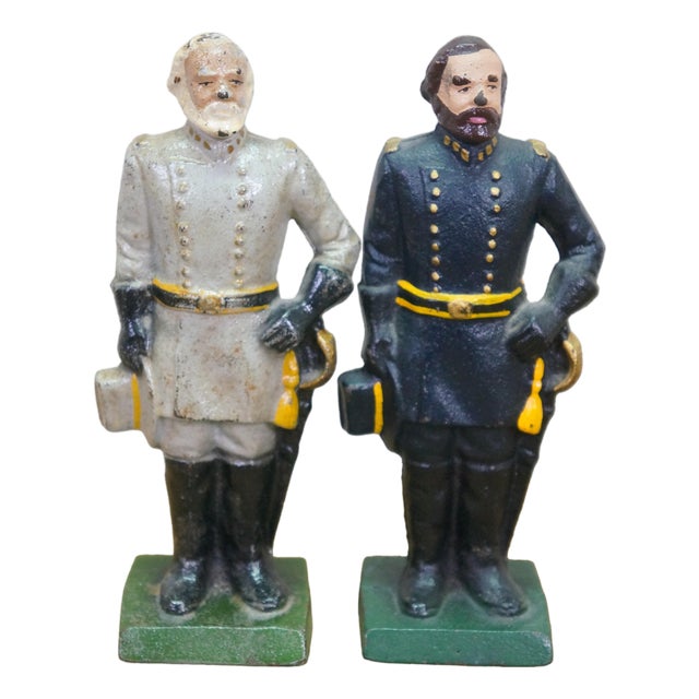 Antique Cast Iron Robert E Lee & Ulysses S Grant Civil War Bookends 8" For Sale