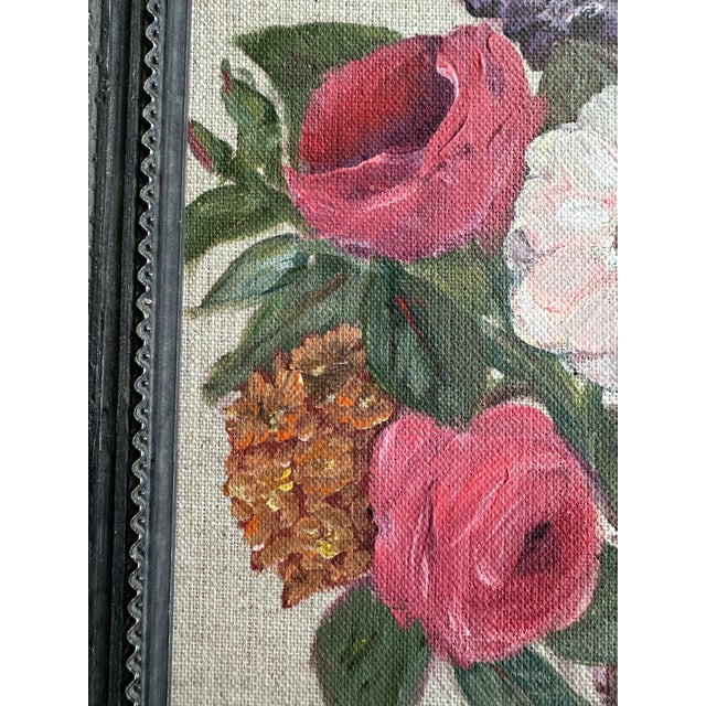 ‘Vintage Garden” 8x10 Traditional Botanic Inspired Pink and Purple Floral Painting on Natural Linen Canvas Framed in Antique Style Black Frame. For Sale In San Antonio - Image 6 of 8