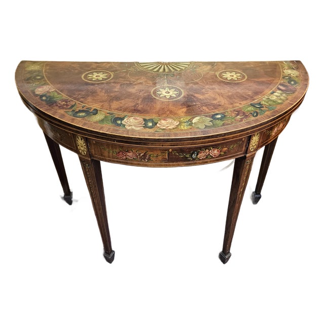 18th Century Georgian Hand Painted Demi-Lune Game Table For Sale