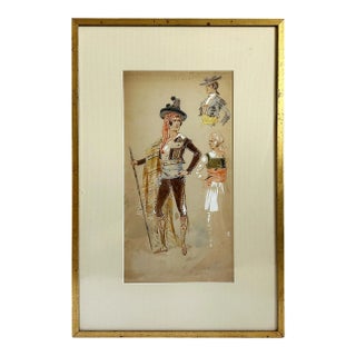 1908 "Torero" Antique Italian Bullfighter Costume Design Painting Watercolor on Paper by Alfredo Edel For Sale