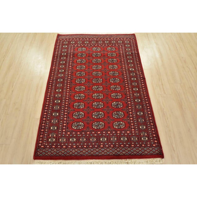 Tribal Bokhara Rug 4’2” X 6’1” Red Wool Tribal Hand-Knotted Oriental Carpet For Sale - Image 3 of 11