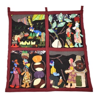 Early 20th Century Weya 4 Panel Story Quilt Village Life For Sale