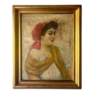 Antique Italian School Oil Portrait of Peasant Girl, Signed, 19th C For Sale
