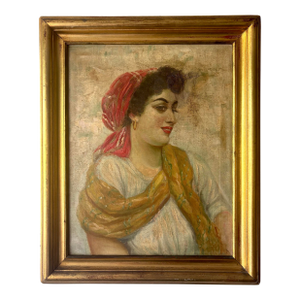Antique Italian School Oil Portrait of Peasant Girl, Signed, 19th C
