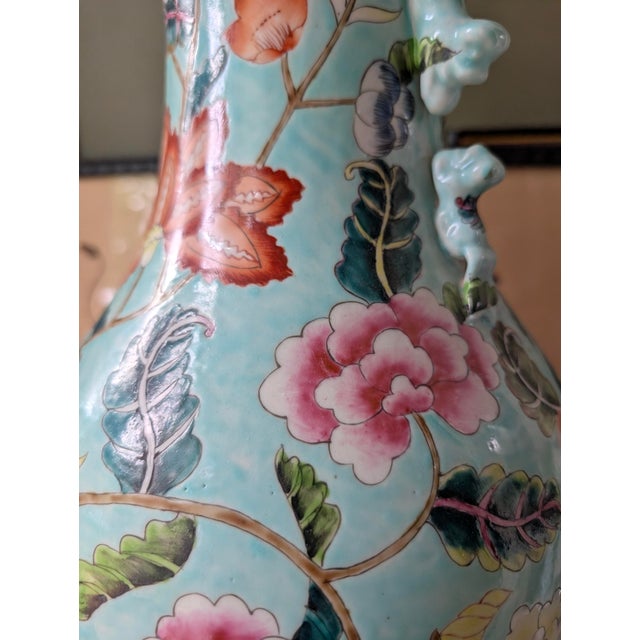 Ceramic Large Hand-Painted Turquoise Porcelain Floor Vase, 23.5” For Sale - Image 7 of 9