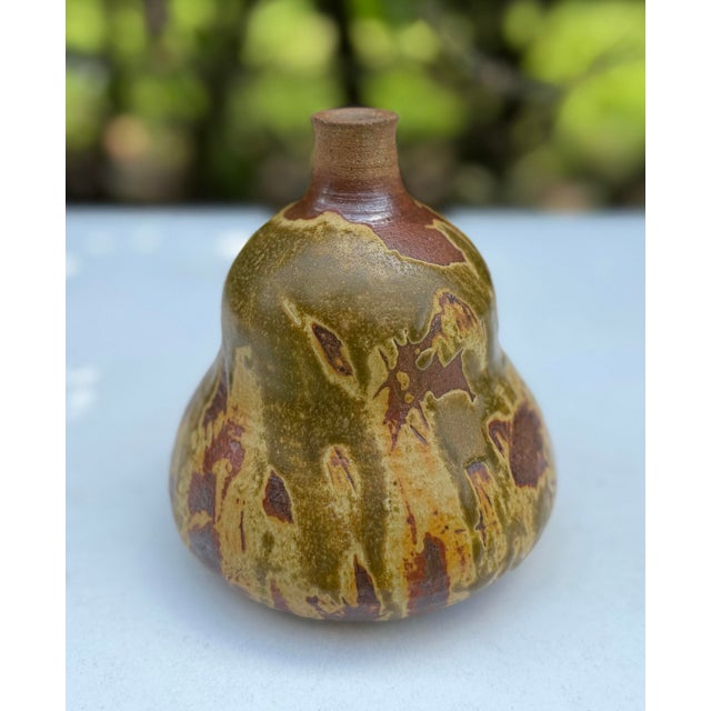 Olive Vintage 5” Organic Studio Pottery Bottle Vase in Olive Drip Glaze For Sale - Image 8 of 11