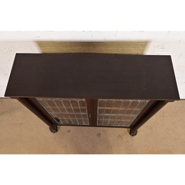 Brown R. J. Horner Style Antique American Empire Carved Mahogany Leaded Glass Front Double Bookcase Cabinet, Circa 1890s For Sale - Image 8 of 11