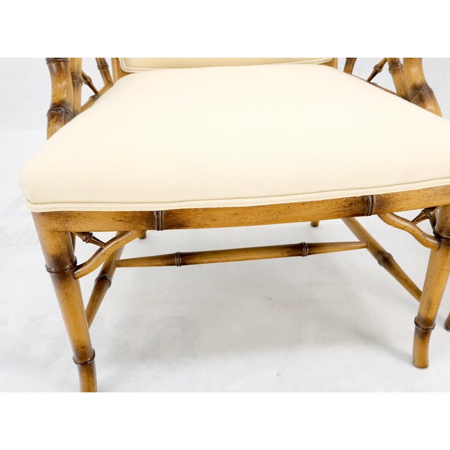 Pair Faux Bamboo New Virgin Wool Upholstery Lounge Arm Fire Side Chairs MINT! For Sale - Image 14 of 16