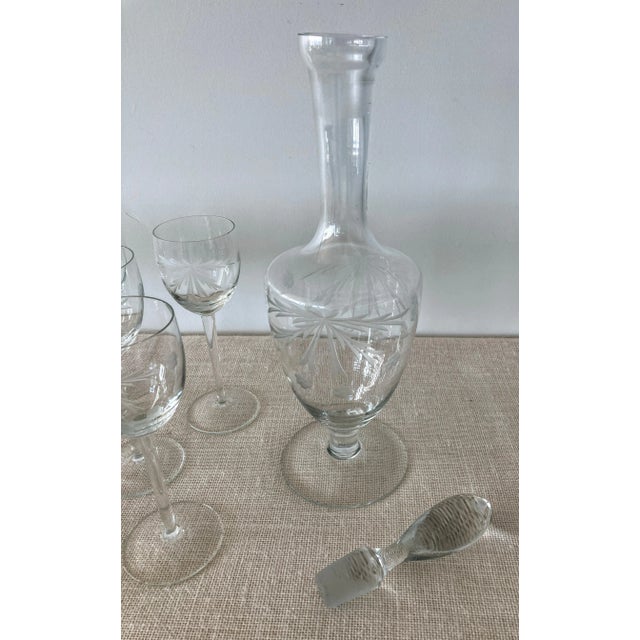 Vintage, Art Nouveau, hand cut, blown glass Decanter Set with 11 matching stemmed small wine or aperitif Glasses. The...