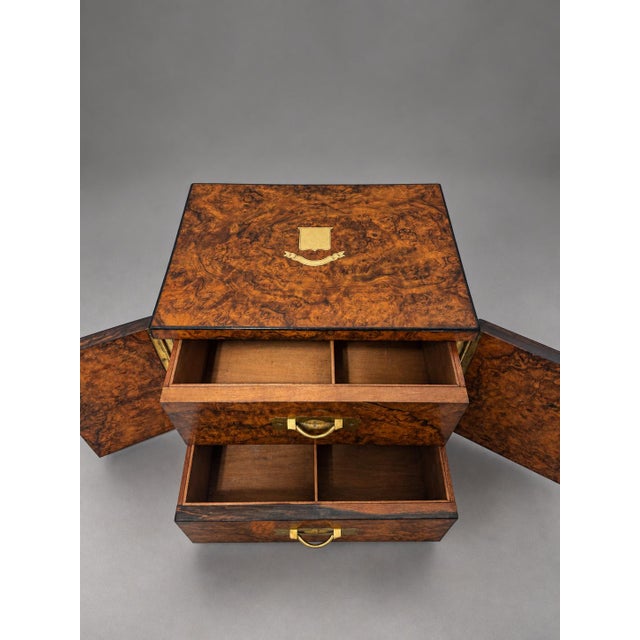 Wood English Victorian Burr Walnut Table Cabinet With Brass Inlay and Bramah Lock For Sale - Image 7 of 10