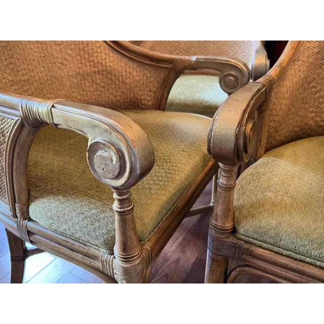 Tommy Bahama Style Woven Rattan & Faux Bamboo Dining Arm Chairs by Drexel Heritage Set of 6
