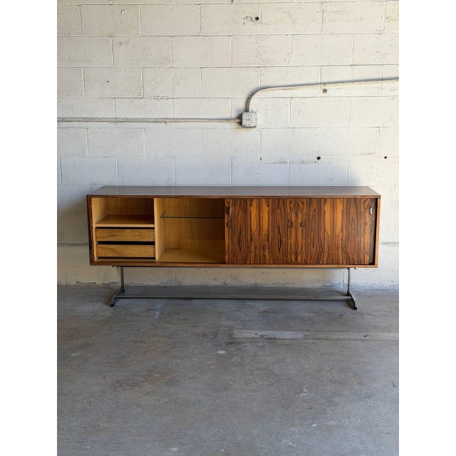 Mid-Century Modern In Style of Richard Young for Merrow Associates Rosewood Sideboard Credenza Chrome Base Storage Unit MCM United Kingdom 1970s For Sale - Image 3 of 10