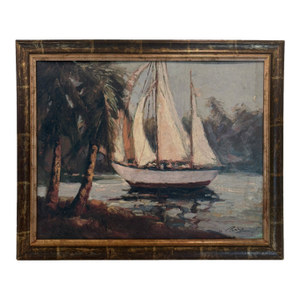 Vintage Coastal Sailboat Wall Art Giclee on Board in Gilt Faux Bamboo Frame